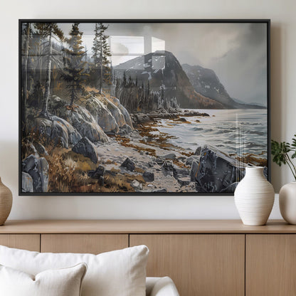 41281-MGV-FP-60X30-3P_Black-Rocky Shoreline Wall Art – Panoramic Mountain Coast and Forest Canvas Print, Rustic Nature Landscape Decor for Cabin, Lodge, or