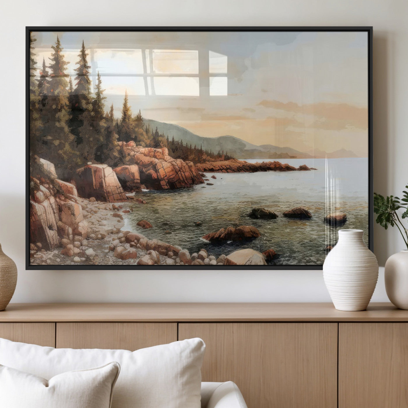 77145-MGV-FP-60X30-3P_Black-Coastal Landscape Wall Art – Panoramic Rocky Shoreline and Pine Trees Canvas Print, Rustic Nature Decor for Cabin, Lodge, Office,