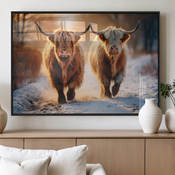 50490-MGV-FP-60X30-3P_Black-Highland Cow Wall Art – Rustic Panoramic Canvas Print Two Cattle Snowy Landscape, Farmhouse Country Decor for Living Room Office