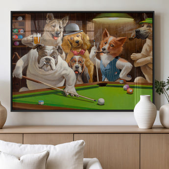 34228-MGV-FP-36X24-3P_Black-Dogs Playing Pool Wall Art Canvas Print, Framed Funny Dog Art Picture Print, Dog Perfect Game Room Decor Artwork