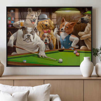 34228-MGV-FP-36X24-3P_Black-Dogs Playing Pool Wall Art Canvas Print, Framed Funny Dog Art Picture Print, Dog Perfect Game Room Decor Artwork