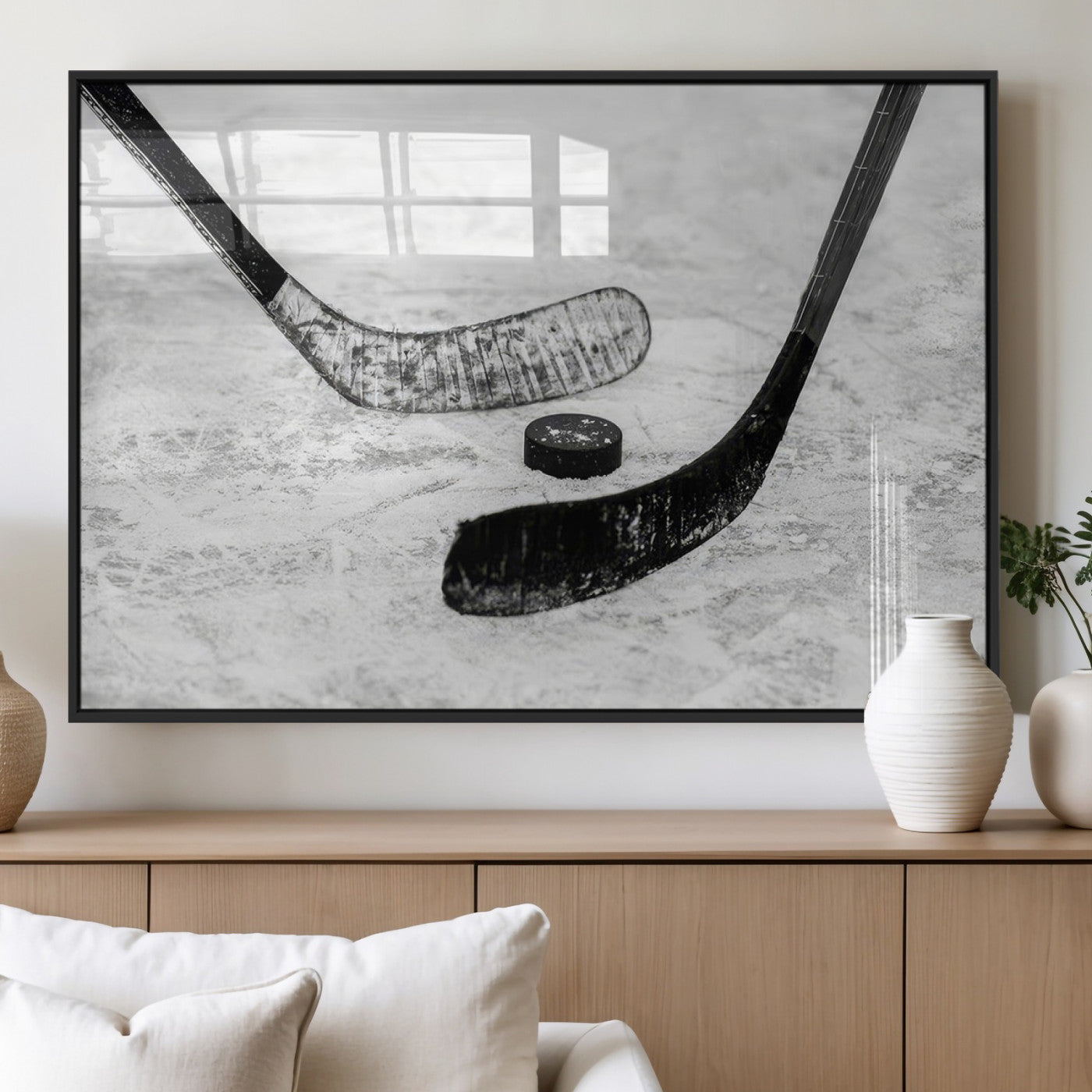 82900-MGV-FP-36X24-3P_Black-Hockey Wall Art – Black and White Canvas Print Ice Rink Sticks Puck Sports Photography, Modern Decor for Game Room, Man Cave,