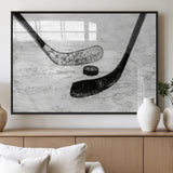 82900-MGV-FP-36X24-3P_Black-Hockey Wall Art – Black and White Canvas Print Ice Rink Sticks Puck Sports Photography, Modern Decor for Game Room, Man Cave,
