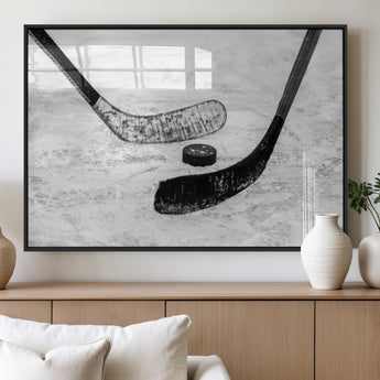 82900-MGV-FP-36X24-3P_Black-Hockey Wall Art – Black and White Canvas Print Ice Rink Sticks Puck Sports Photography, Modern Decor for Game Room, Man Cave,