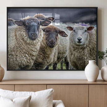 18418-MGV-FP-60X30-3P_Black-Sheep Wall Art Canvas Print, Framed Farmhouse Sheep Art Picture Print, Sheep Herd Perfect Rustic Farmhouse Decor Artwork