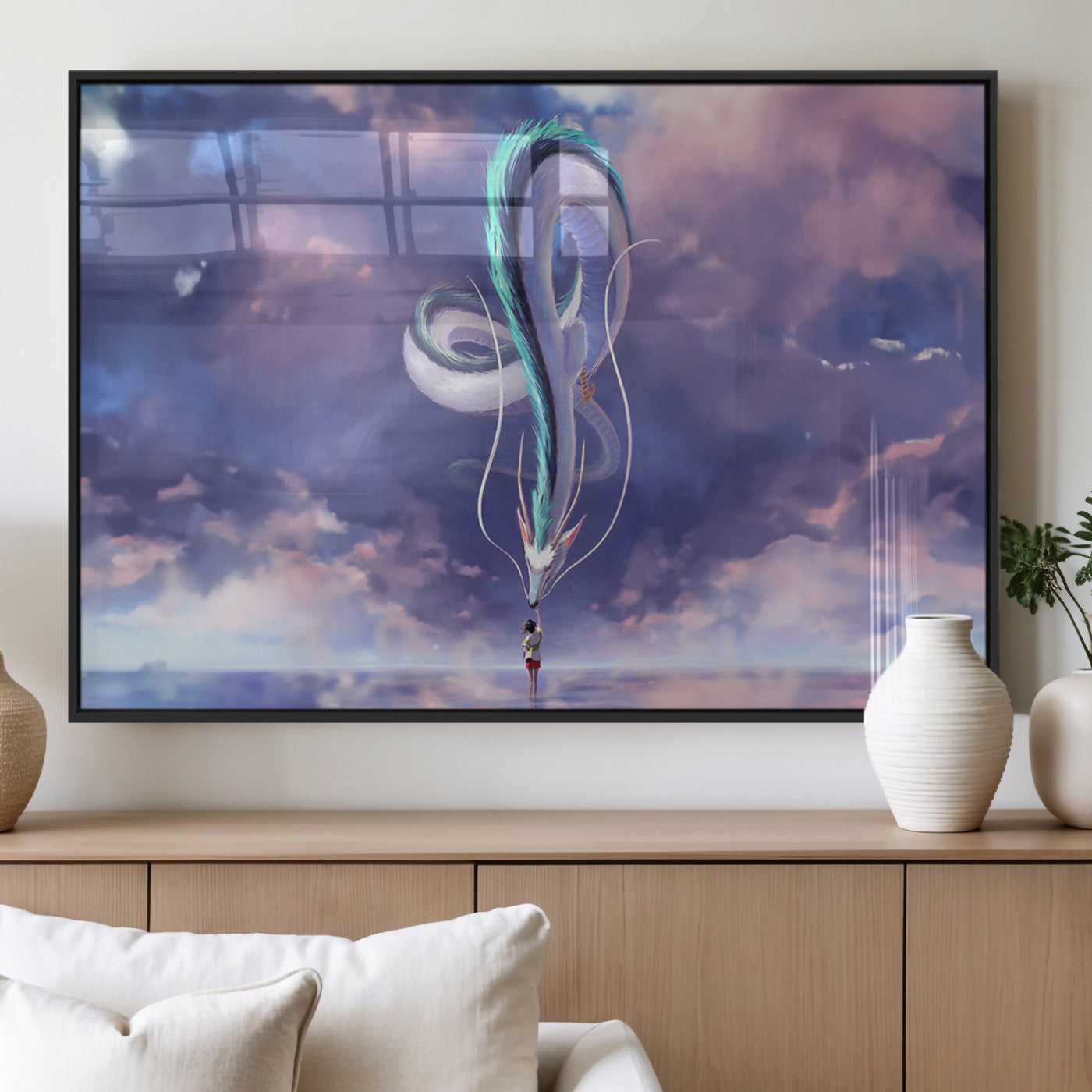 66864-MGV-FP-60X30-3P_Black-Fantasy Dragon Wall Art – Mystical Canvas Print Girl and Sky Serpent Dreamlike Clouds, Magical Anime Inspired Decor for Living