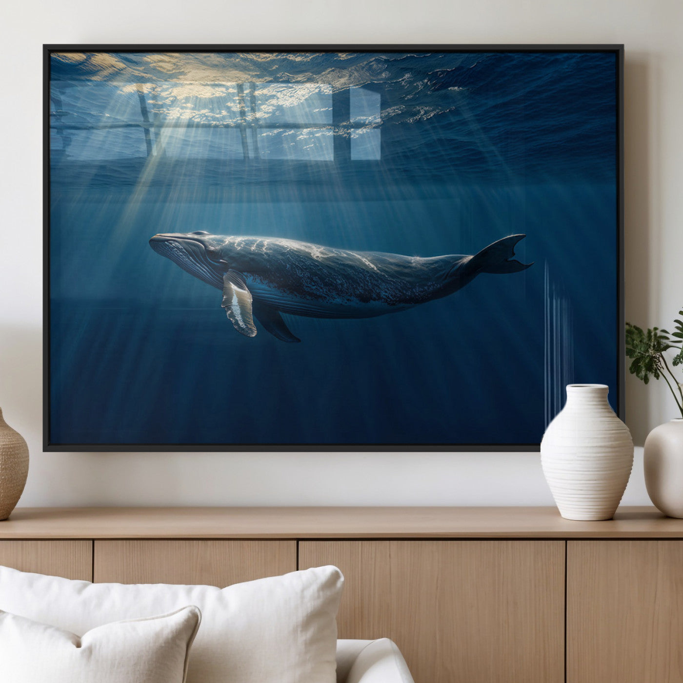 18052-MGV-FP-60X30-3P_Black-Whale Wall Art – Majestic Ocean Canvas Print Marine Life Underwater Sunlight Scene, Nautical Coastal Decor for Living Room,