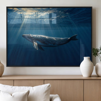 18052-MGV-FP-60X30-3P_Black-Whale Wall Art – Majestic Ocean Canvas Print Marine Life Underwater Sunlight Scene, Nautical Coastal Decor for Living Room,