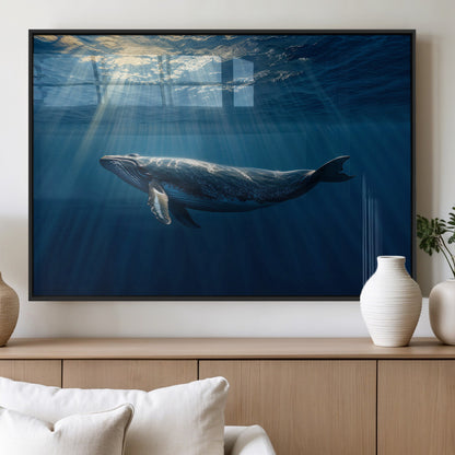 18052-MGV-FP-60X30-3P_Black-Whale Wall Art – Majestic Ocean Canvas Print Marine Life Underwater Sunlight Scene, Nautical Coastal Decor for Living Room,