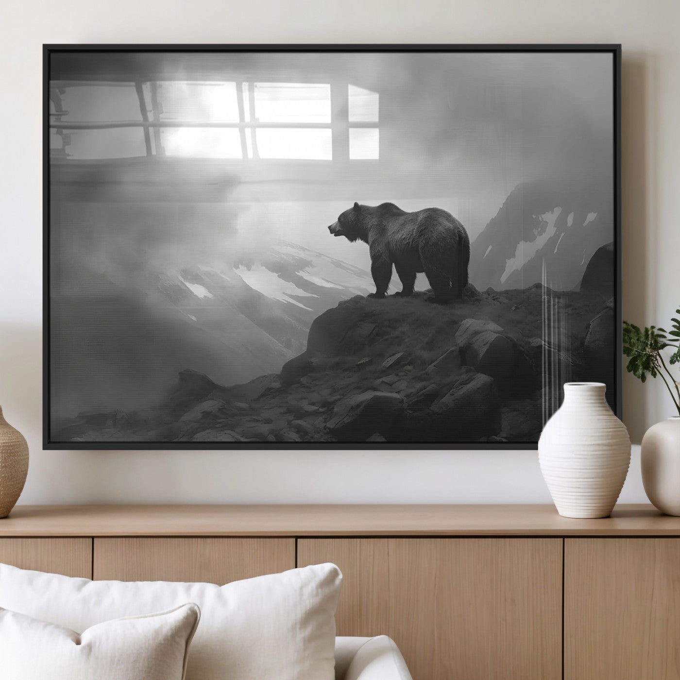 49504-MGV-FP-36X24-3P_Black-Black and White Grizzly Bear Wall Art – Wilderness Wildlife Painting, Rustic Mountain Cabin Decor, Monochrome Animal Print for