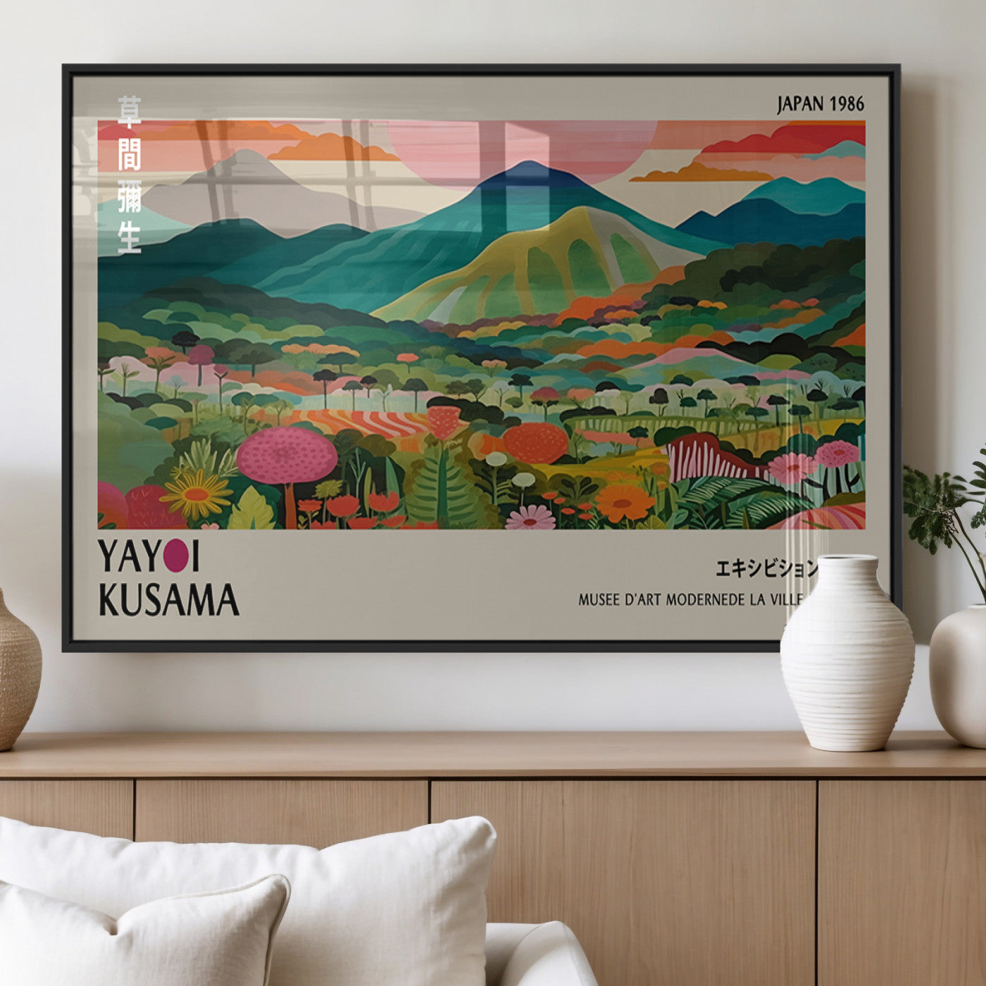 54215-MGV-FP-36X24-3P_Black-Yayoi Kusama Wall Art – Panoramic Japanese Landscape Canvas Print, Modern Abstract Nature Decor for Office, Bedroom or Living Room