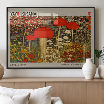 38013-MGV-FP-36X24-3P_Black-Yayoi Kusama Inspired Mushroom Garden Wall Art – Whimsical Botanical Canvas Print, Surreal Nature Poster, Fantasy Floral Artwork