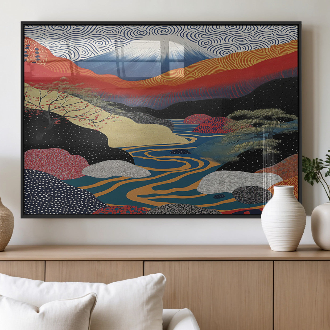 32131-MGV-FP-36X24-3P_Black-Japanese Mount Fuji Wall Art – Abstract Landscape Canvas Print with Swirling Sky & River, Modern Minimalist Asian Inspired Poster