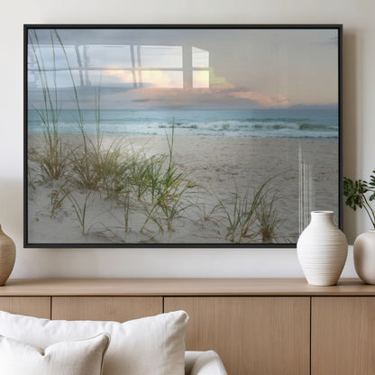 Test1001-MGV-FP-36X24-3P_Black-Coastal Beach Wall Art – Panoramic Ocean Waves and Sandy Dunes Canvas Print, Serene Seascape with Sea Oats for Relaxing Home or
