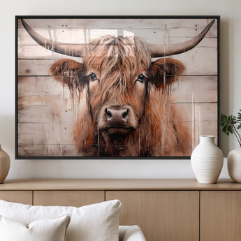 93730-MGV-FP-36X24-3P_Black-Scottish Cow Wall Art Canvas Print, Framed Longhorn Cow Art Picture Print, Highland Cattle Perfect Rustic Farmhouse Decor Artwork