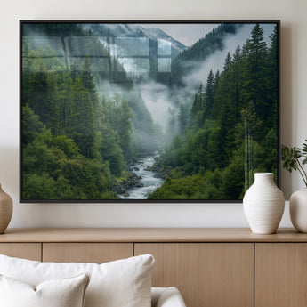 69453-MGV-FP-36X24-3P_Black-Mountain Forest Wall Art – Misty River and Evergreen Landscape Canvas Print, Nature Photography Poster for Living Room, Bedroom,