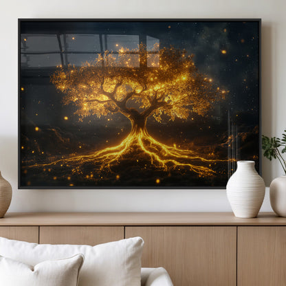 60194-MGV-FP-36X24-3P_Black-Glowing Tree Wall Art – Golden Roots Fantasy Canvas Print, Mystical Illuminated Tree Painting Poster for Living Room, Bedroom,