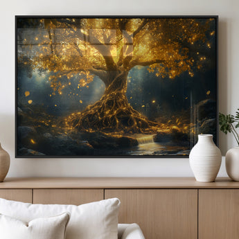 92739-MGV-FP-36X24-3P_Black-Glowing Tree Wall Art – Enchanted Golden Forest Canvas Print, Mystical Illuminated Nature Painting Poster for Living Room,
