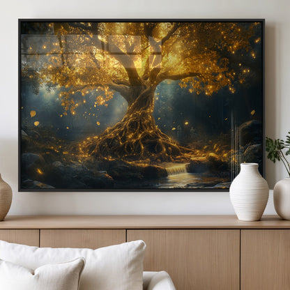 92739-MGV-FP-36X24-3P_Black-Glowing Tree Wall Art – Enchanted Golden Forest Canvas Print, Mystical Illuminated Nature Painting Poster for Living Room,