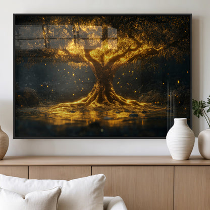 59580-MGV-FP-36X24-3P_Black-Glowing Tree Wall Art – Golden Fantasy Nature Canvas Print, Mystical Illuminated Tree Painting Poster for Living Room, Bedroom,