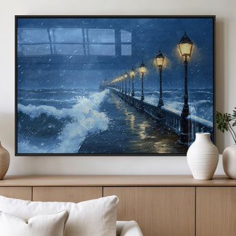 32668-MGV-FP-36X24-3P_Black-Stormy Pier Wall Art – Ocean Waves and Street Lamps Canvas Print, Rainy Night Seascape Oil Painting Poster for Living Room,