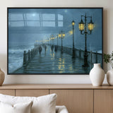 79606-MGV-FP-36X24-3P_Black-Rainy Pier Night Wall Art – Ocean Waves and Street Lamps Canvas Print, Moody Seascape Oil Painting Poster for Living Room,