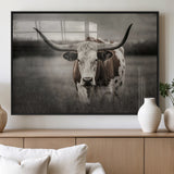 69238-MGV-FP-36X24-3P_Black-Longhorn Bull Wall Art – Rustic Black and White Texas Cattle Canvas Print, Western Farmhouse Animal Photography for Living Room,