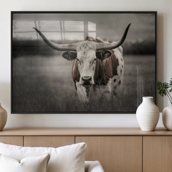 69238-MGV-FP-36X24-3P_Black-Longhorn Bull Wall Art – Rustic Black and White Texas Cattle Canvas Print, Western Farmhouse Animal Photography for Living Room,