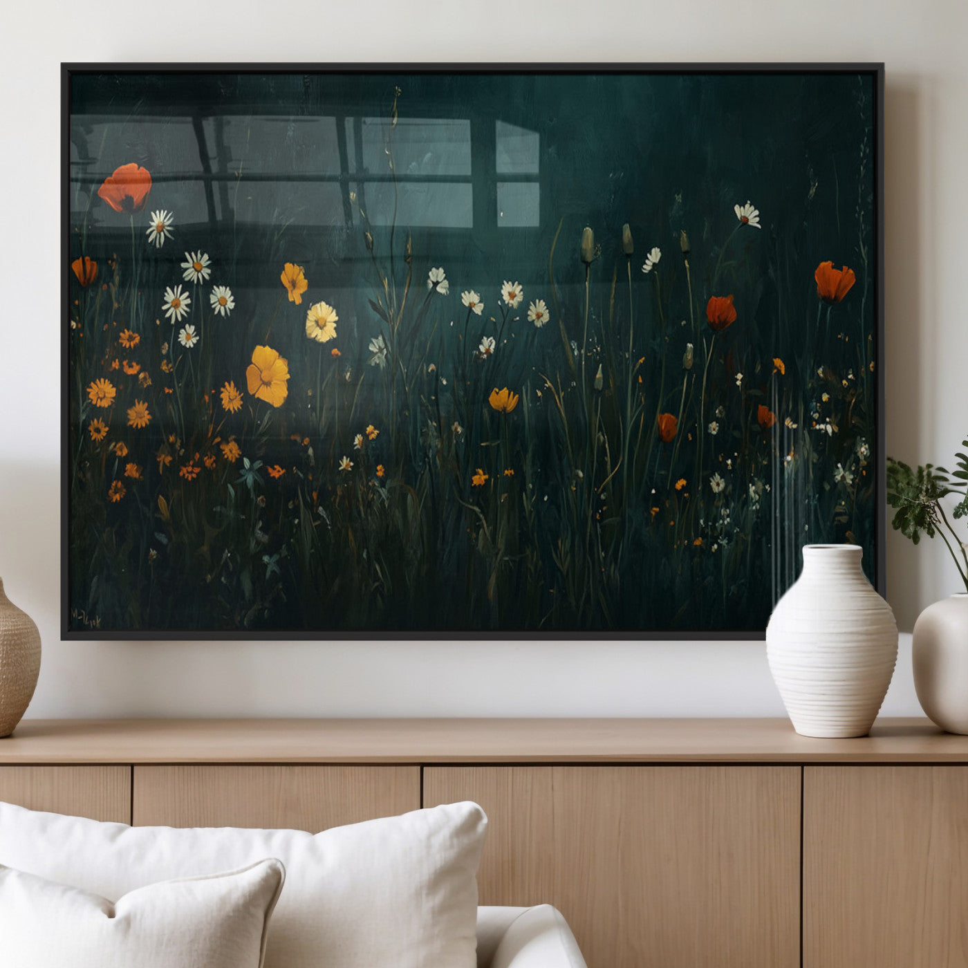 87037-MGV-FP-60X30-3P_Black-Wildflower Wall Art – Dark Botanical Floral Canvas Print, Modern Nature Painting Poster with Daisies Poppies Orange Flowers for