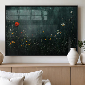 26218-MGV-FP-60X30-3P_Black-Wildflower Wall Art – Dark Botanical Floral Canvas Print, Modern Nature Painting Poster with Daisy Poppy Yellow Flowers for Living