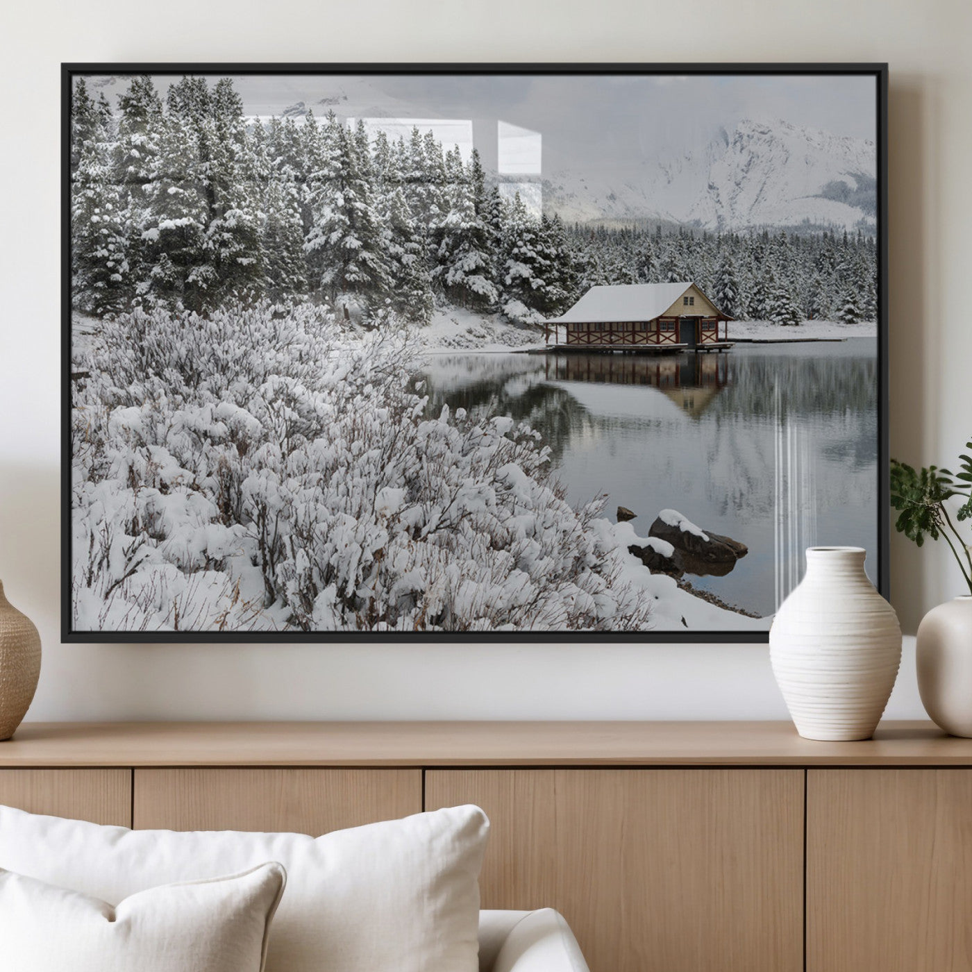 29975-MGV-FP-36X24-3P_Black-Winter Cabin by the Lake Wall Art – Snowy Mountain Landscape Canvas Print, Rustic Lodge Cabin Decor for Cozy Living Room, Bedroom