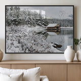 29975-MGV-FP-36X24-3P_Black-Winter Cabin by the Lake Wall Art – Snowy Mountain Landscape Canvas Print, Rustic Lodge Cabin Decor for Cozy Living Room, Bedroom