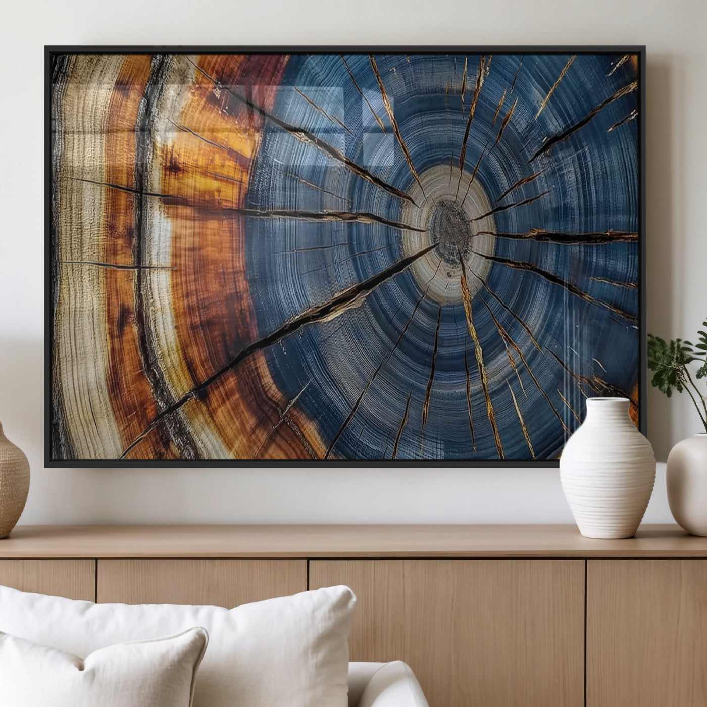 10583-MGV-FP-36X24-3P_Black-Tree Ring Wall Art – Abstract Wood Grain Canvas Print with Blue and Brown Tones, Nature Inspired Rustic Artwork for Living Room,