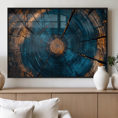 13398-MGV-FP-36X24-3P_Black-Tree Ring Wall Art – Abstract Wood Grain Canvas Print with Blue and Orange Accents, Rustic Nature Inspired Artwork for Living