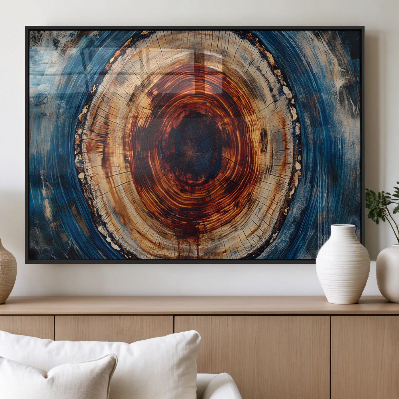 90395-MGV-FP-36X24-3P_Black-Tree Ring Wall Art – Abstract Wood Grain Canvas Print with Fiery Red and Blue Tones, Bold Rustic Nature Inspired Artwork Decor for