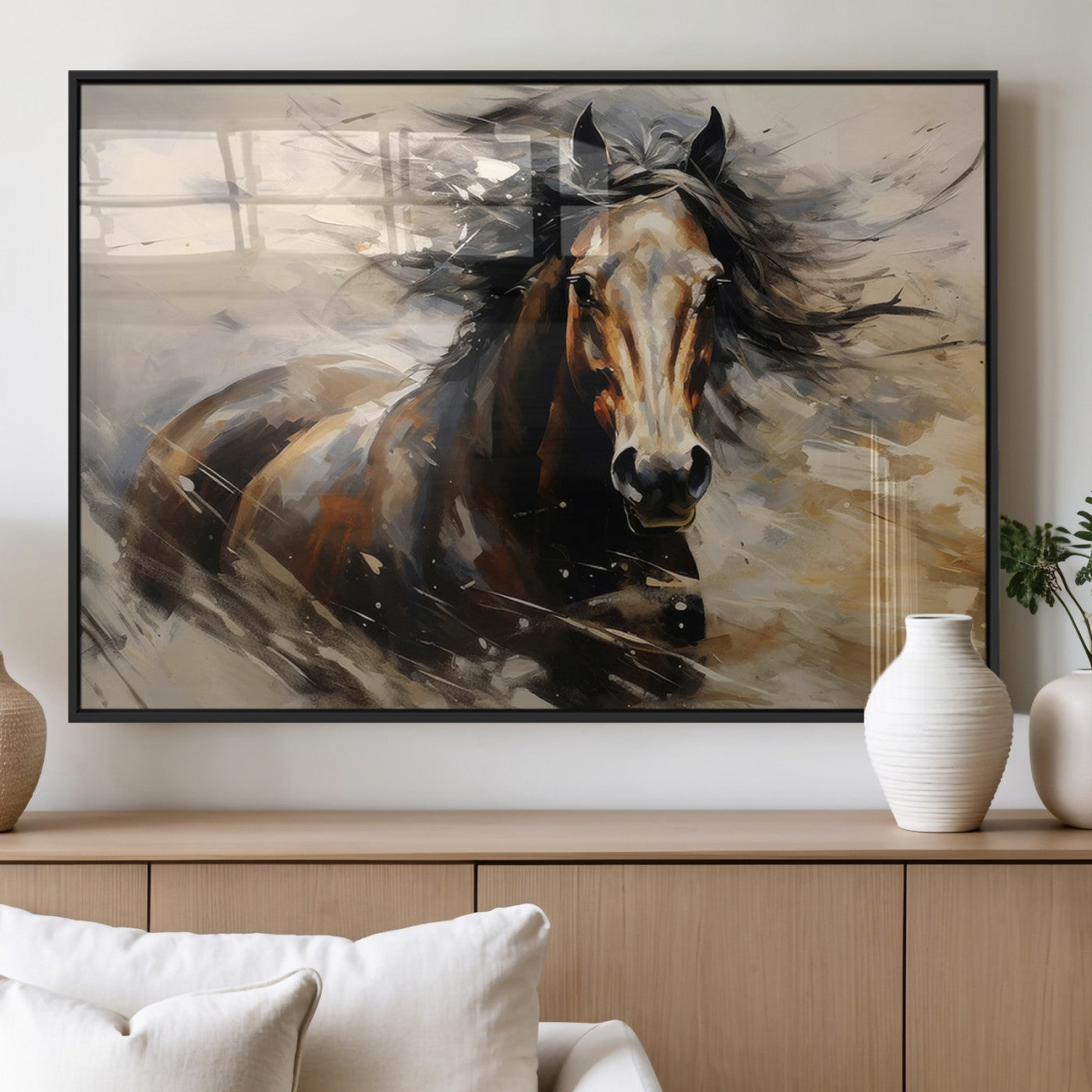 53001-MGV-FP-36X24-3P_Black-Wild Horse Wall Art – Majestic Stallion Canvas Print with Flowing Mane, Rustic Western Style Painting for Living Room, Office or