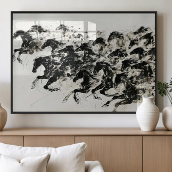 23069-MGV-FP-36X24-3P_Black-Galloping Horses Wall Art – Black Ink Painting on Canvas, Dynamic Equestrian Artwork with Running Stallions, Expressive Modern