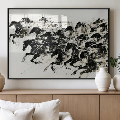 23069-MGV-FP-36X24-3P_Black-Galloping Horses Wall Art – Black Ink Painting on Canvas, Dynamic Equestrian Artwork with Running Stallions, Expressive Modern