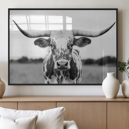 20272-MGV-FP-60X30-3P_Black-Highland Cow Wall Art – Black and White Western Longhorn Canvas Print, Farmhouse Living Room Decor Southwestern Animal Artwork for
