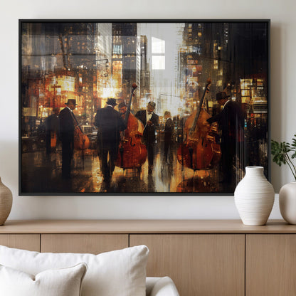 58782-MGV-FP-36X24-3P_Black-Jazz Musicians Cityscape Wall Art – Vibrant Urban Night Canvas Print, Elegant Music Themed Decor for Living Room, Office, or Music