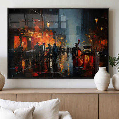 46538-MGV-FP-36X24-3P_Black-Urban Jazz Night Wall Art – Dramatic Music Canvas Print with Double Bass and Street Musicians, Modern City Scene Artwork for