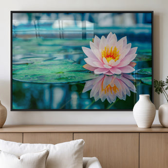 65933-MGV-FP-36X24-3P_Black-Pink Water Lily Wall Art – Lotus Flower Canvas Print with Reflection on Calm Water, Peaceful Botanical Artwork for Living Room,