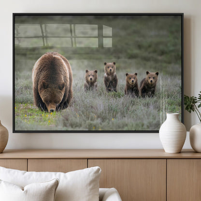 65087B-MGV-FP-36X24-3P_Black-Bear Family Wall Art – Wildlife Canvas Print Featuring Mother Bear with Cubs in Nature, Rustic Animal Artwork for Living Room,