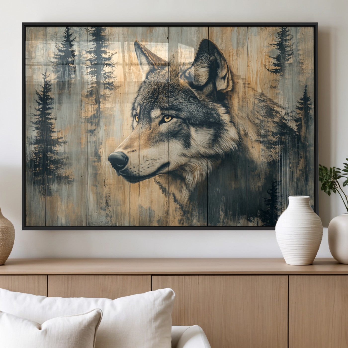 51892-MGV-FP-36X24-3P_Black-Wolf Wall Art – Rustic Canvas Print of Wolf with Forest Trees on Wood Texture, Wildlife Lodge Artwork for Living Room, Bedroom,