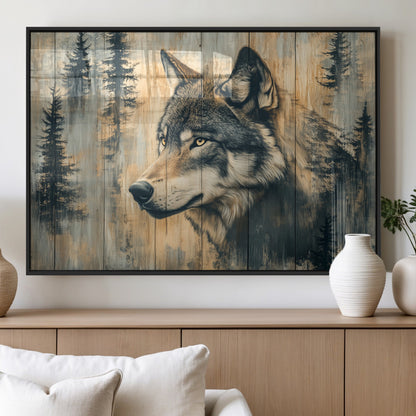 51892-MGV-FP-36X24-3P_Black-Wolf Wall Art – Rustic Canvas Print of Wolf with Forest Trees on Wood Texture, Wildlife Lodge Artwork for Living Room, Bedroom,
