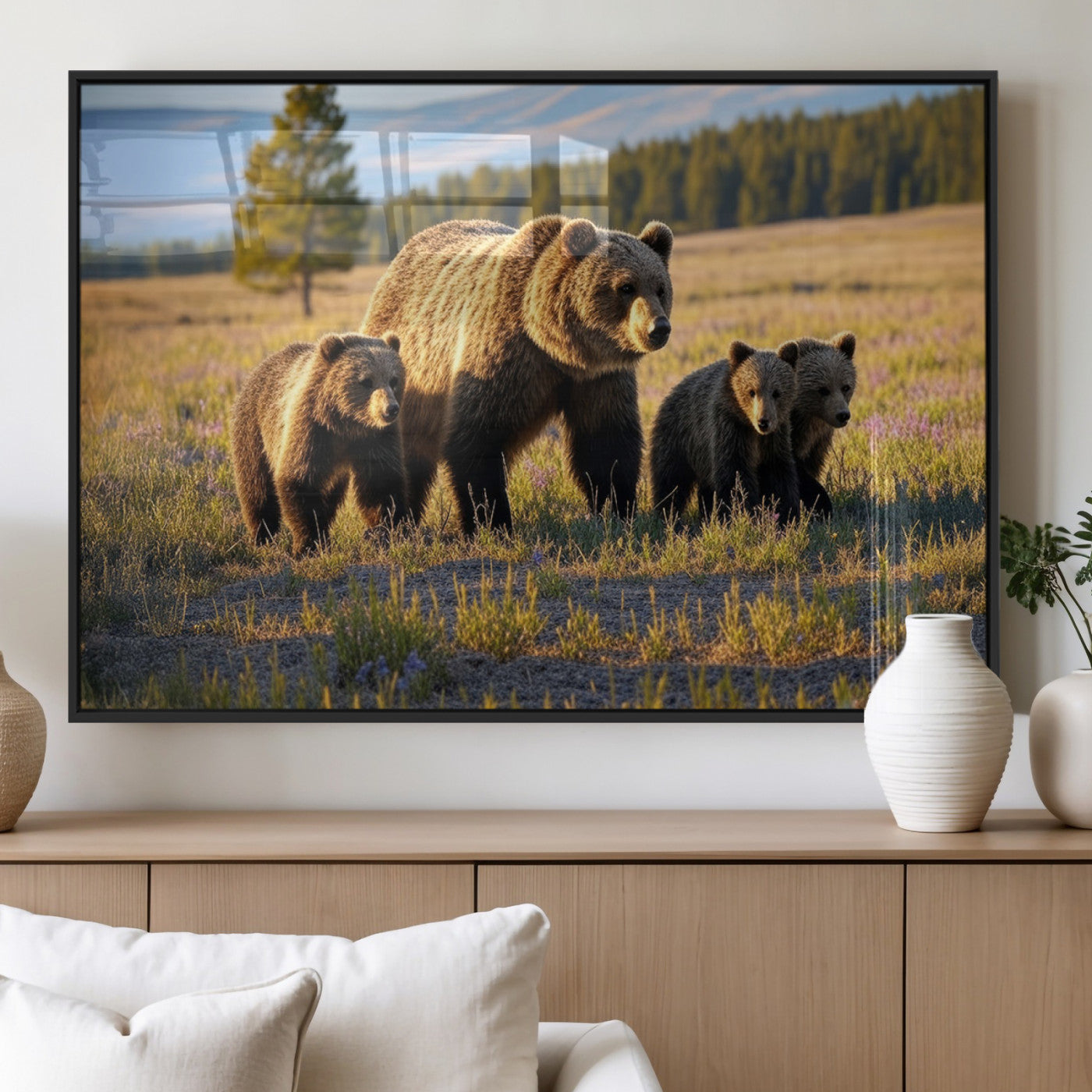 43400-MGV-FP-36X24-3P_Black-Bear Family Wall Art – Wildlife Canvas Print of Mother Bear with Cubs in Sunlit Meadow, Rustic Animal Artwork for Living Room,