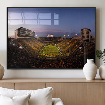 82557-MGV-FP-36X24-3P_Black-College Football Stadium Wall Art – Panoramic Sunset Canvas Print with Marching Band and Game Day Crowd, Sports Artwork for Man