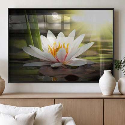 60352-MGV-FP-36X24-3P_Black-White Water Lily Wall Art – Lotus Flower Canvas Print with Sunlight Reflection, Peaceful Botanical Artwork for Living Room,