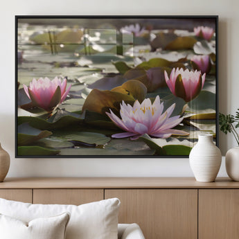 28394-MGV-FP-36X24-3P_Black-Water Lily Pond Wall Art – Pink Lotus Flowers Canvas Print with Green Lily Pads, Peaceful Botanical Artwork for Living Room,
