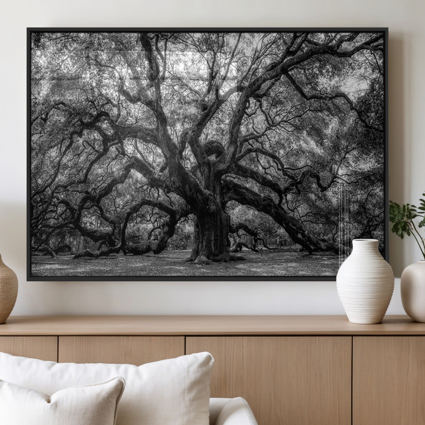 132944706-MGV-FP-36X24-3P_Black-Ancient Tree Wall Art – Black and White Photography Canvas Print Featuring Majestic Twisting Branches, Rustic Nature Artwork for